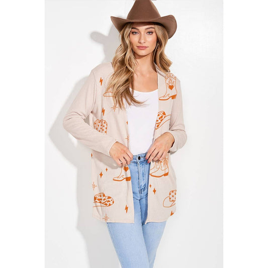 Cowgirl boots print knit long sleeve cardigan