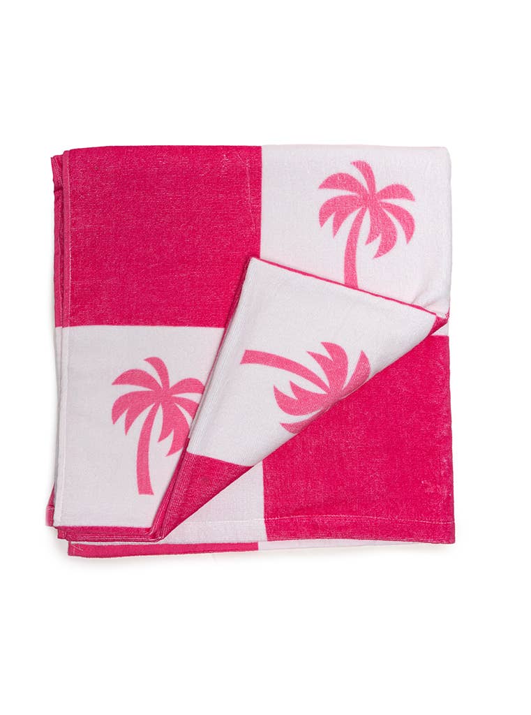Pool / Beach Towel - Checkered w/ Palm Trees - Pink & White
