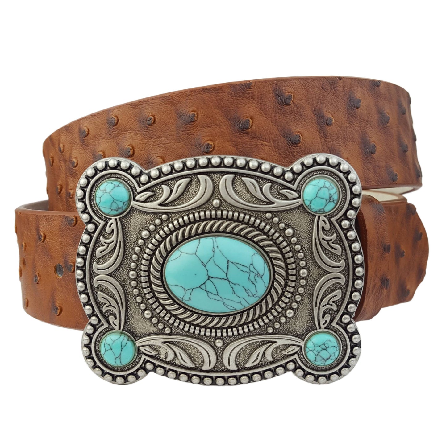 Western Silver Turquoise Buckle w. Ostrich Belt: Black / M/L