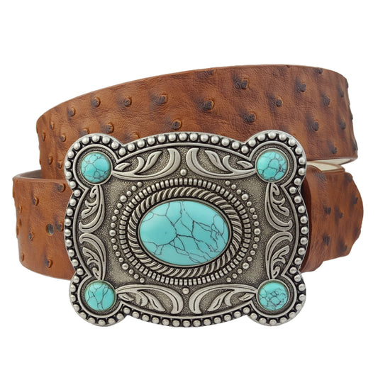 Western Silver Turquoise Buckle w. Ostrich Belt: Black / M/L