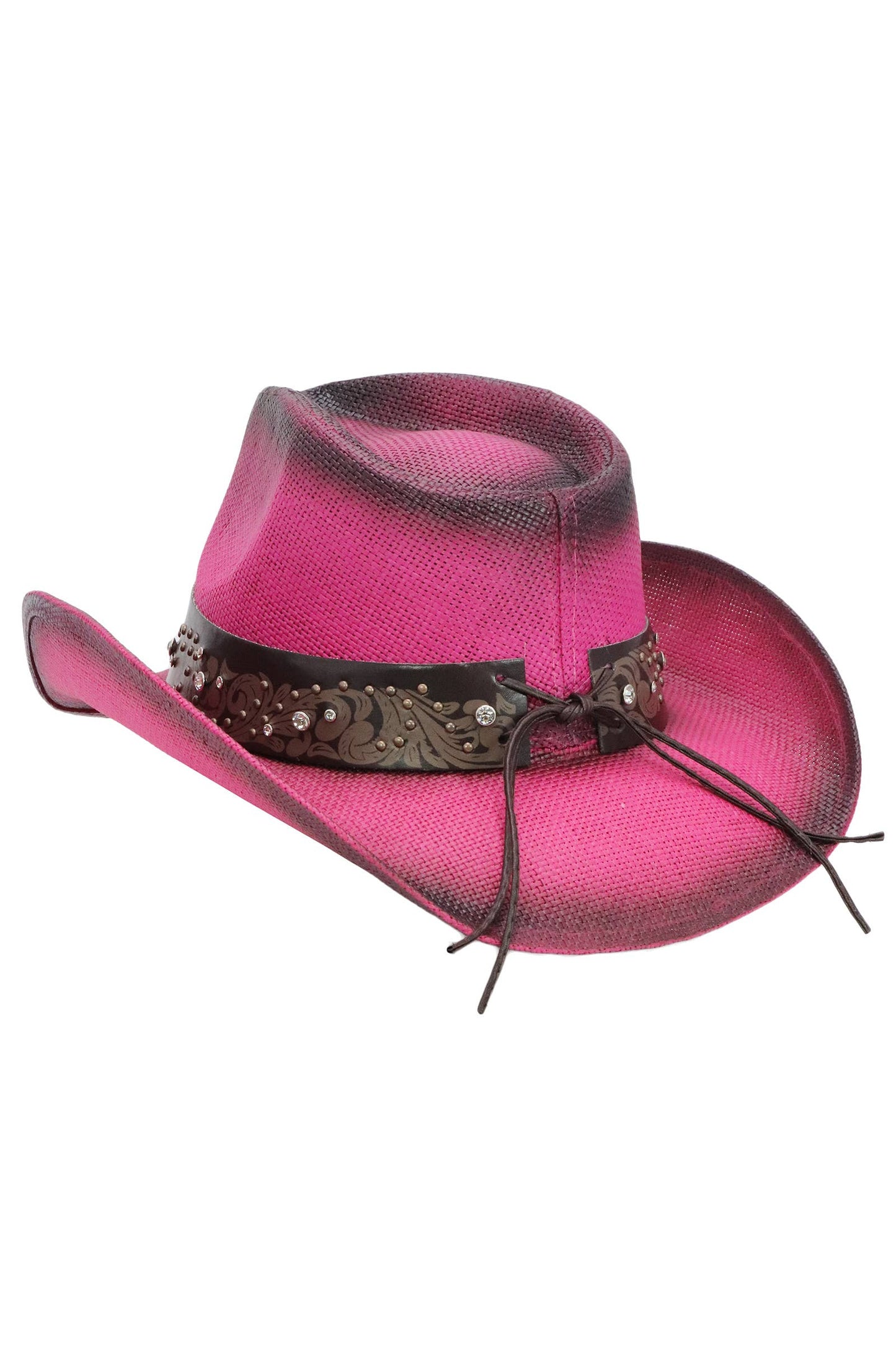 Heart Bling Rhinestone Belt Ombre Straw Cowboy Hat: Beige