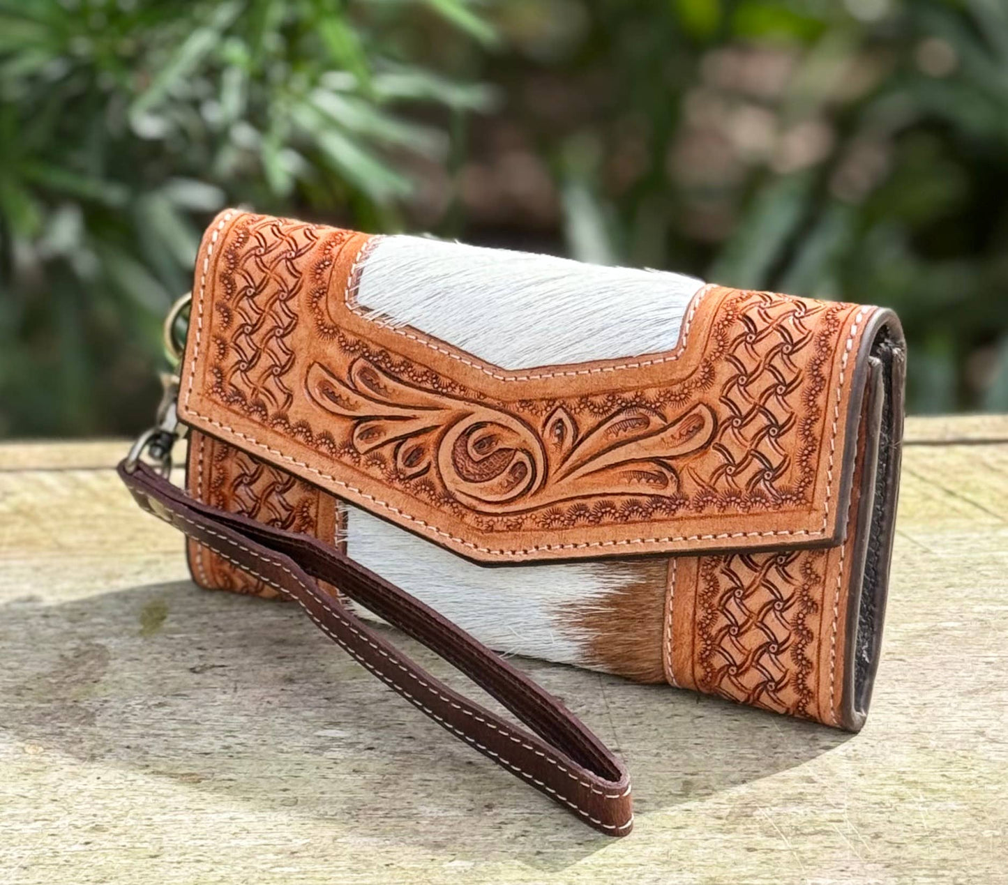 Tooled Leather Cowhide Wallet Wristlet Western Rodeo
