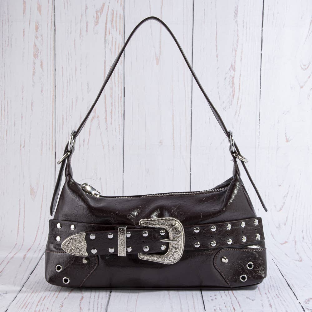 Studded Western Buckle Vegan Leather Shoulder Bag