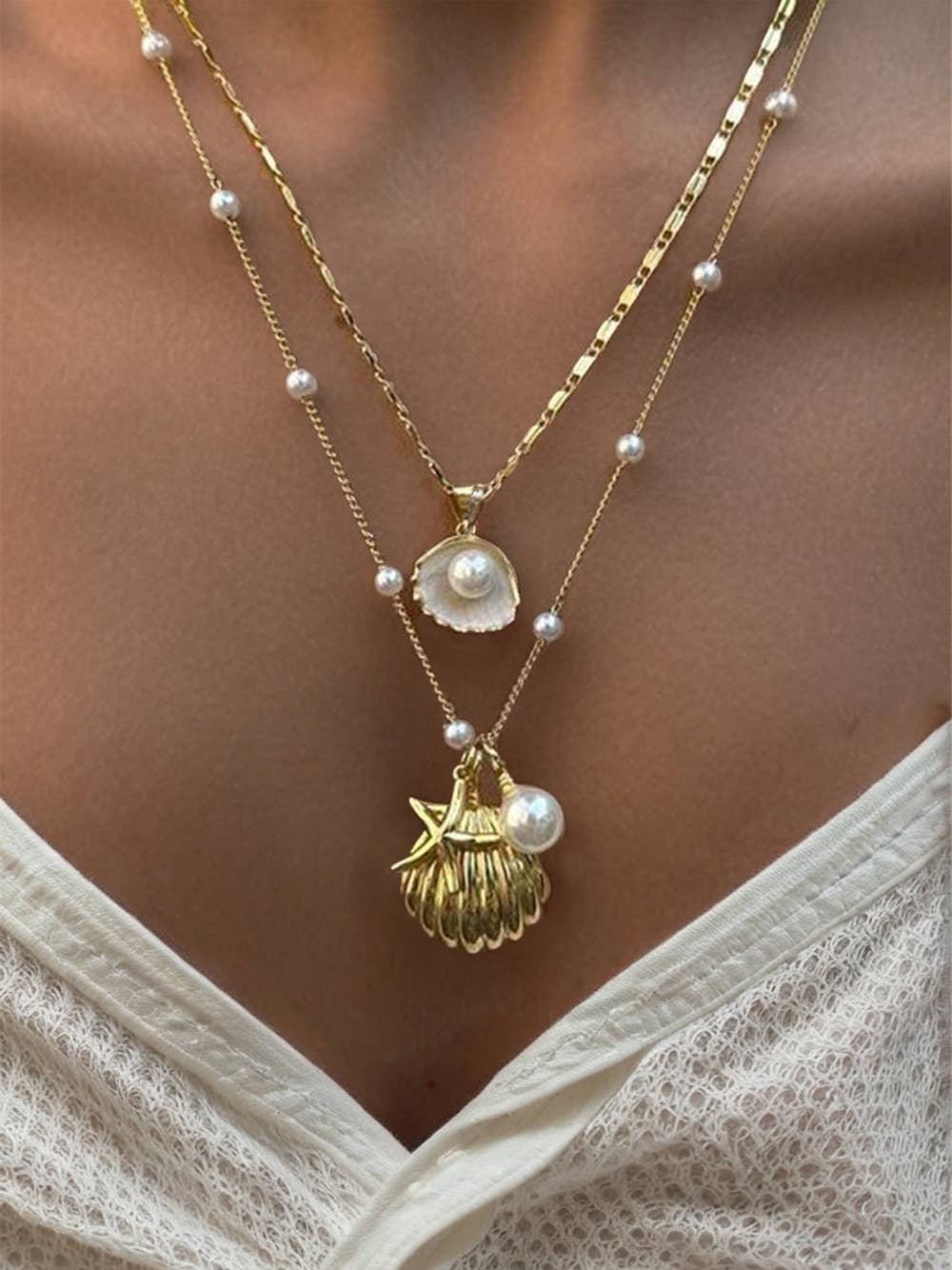 Starfish Shell Pearl Dual Chain Necklace: Gold