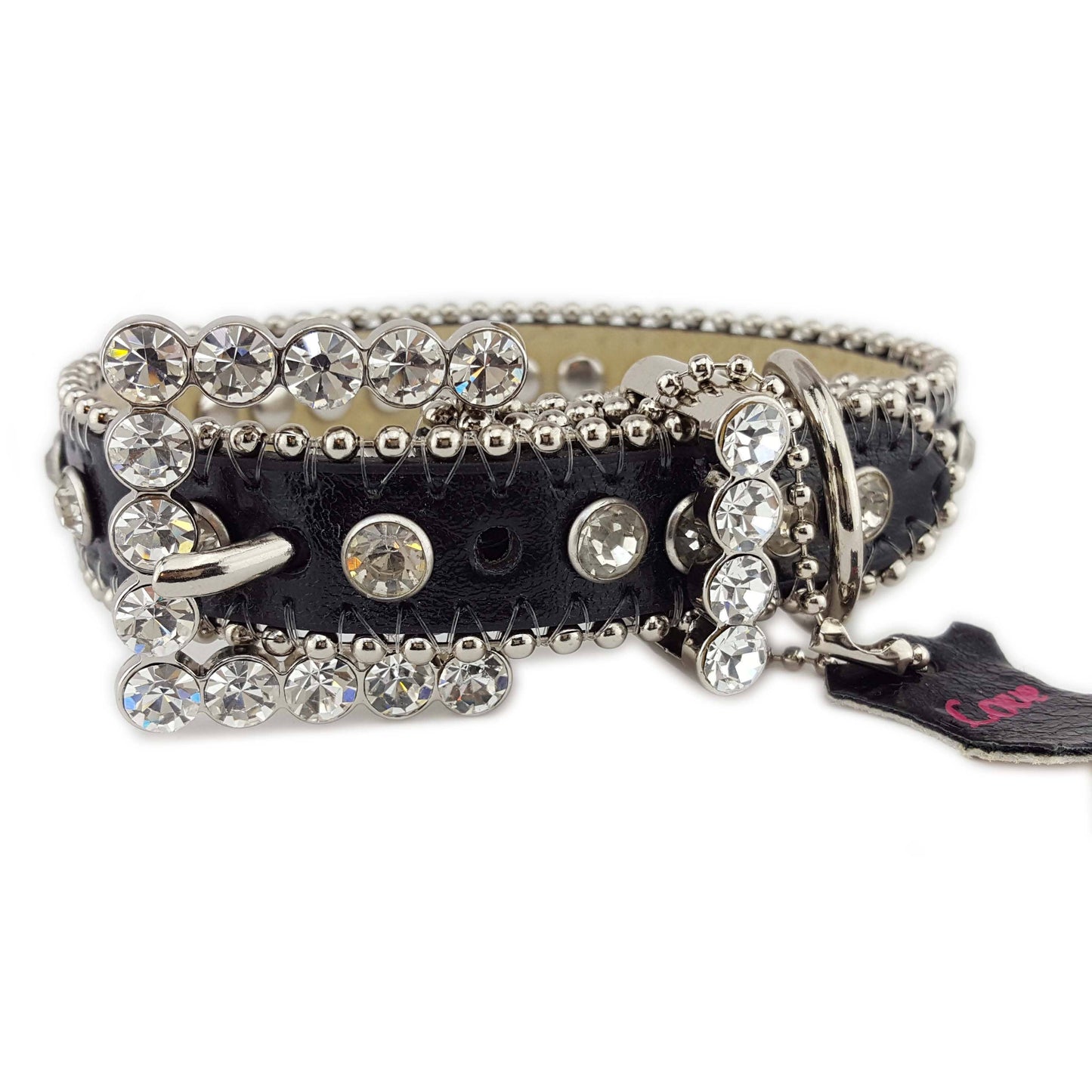 Genuine Black Leather Crystal Dog Collar: Pink Stone / Small
