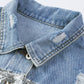 Sky Blue Sequin Embellished Fringe Distressed Denim Jacket: Sky Blue / 75%Cotton+12.7%Polyester+12.3%Viscose.