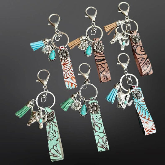 Embossed Leather Western Keychain with Charms