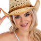 Lightly Beaded Vintage Burnt Crochet Straw Cowboy Hat: NATURAL/BLACK / ONE SIZE