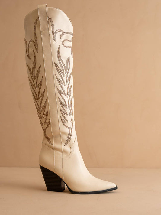The Bronco Off White | Knee High Cowboy Western Boot: Off White