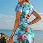 Floral/ Boho Print V Neck Semi Sheer Beach Cover Up Dress: Sky Blue