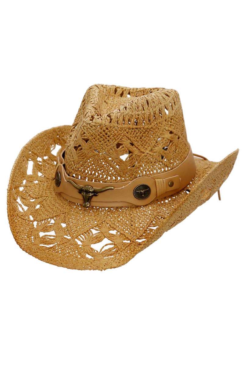 Longhorn Monochrome Belt Crochet Woven Cowboy Hat: Hot Pink