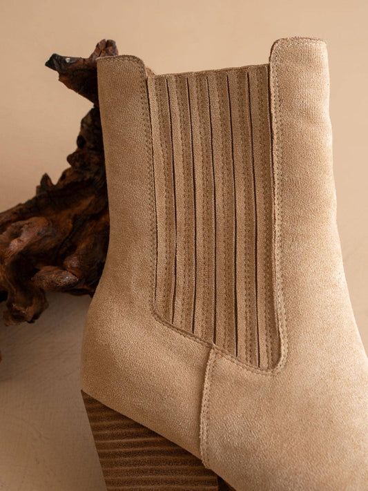 The Lydia | Almond Suede Pointed Toe Western Bootie: ALMOND