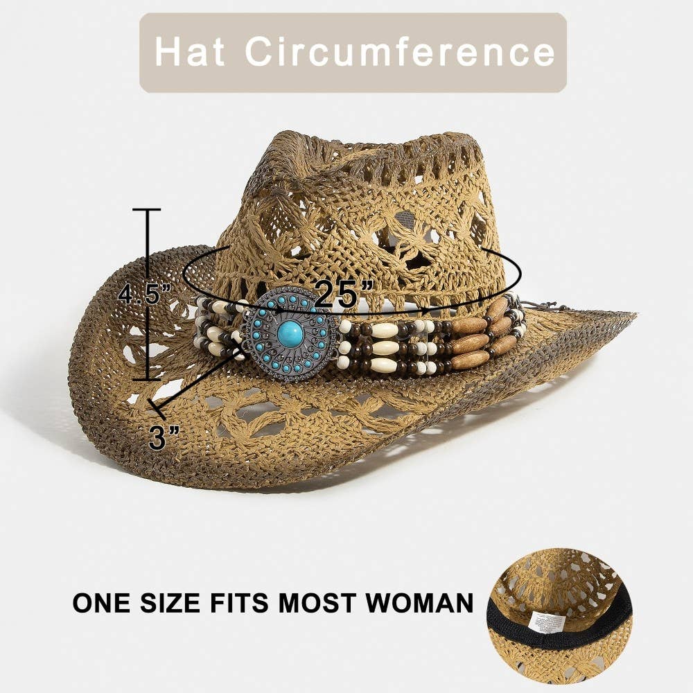 Straw Braided Concho Beaded Strap Cowboy Hat: BR