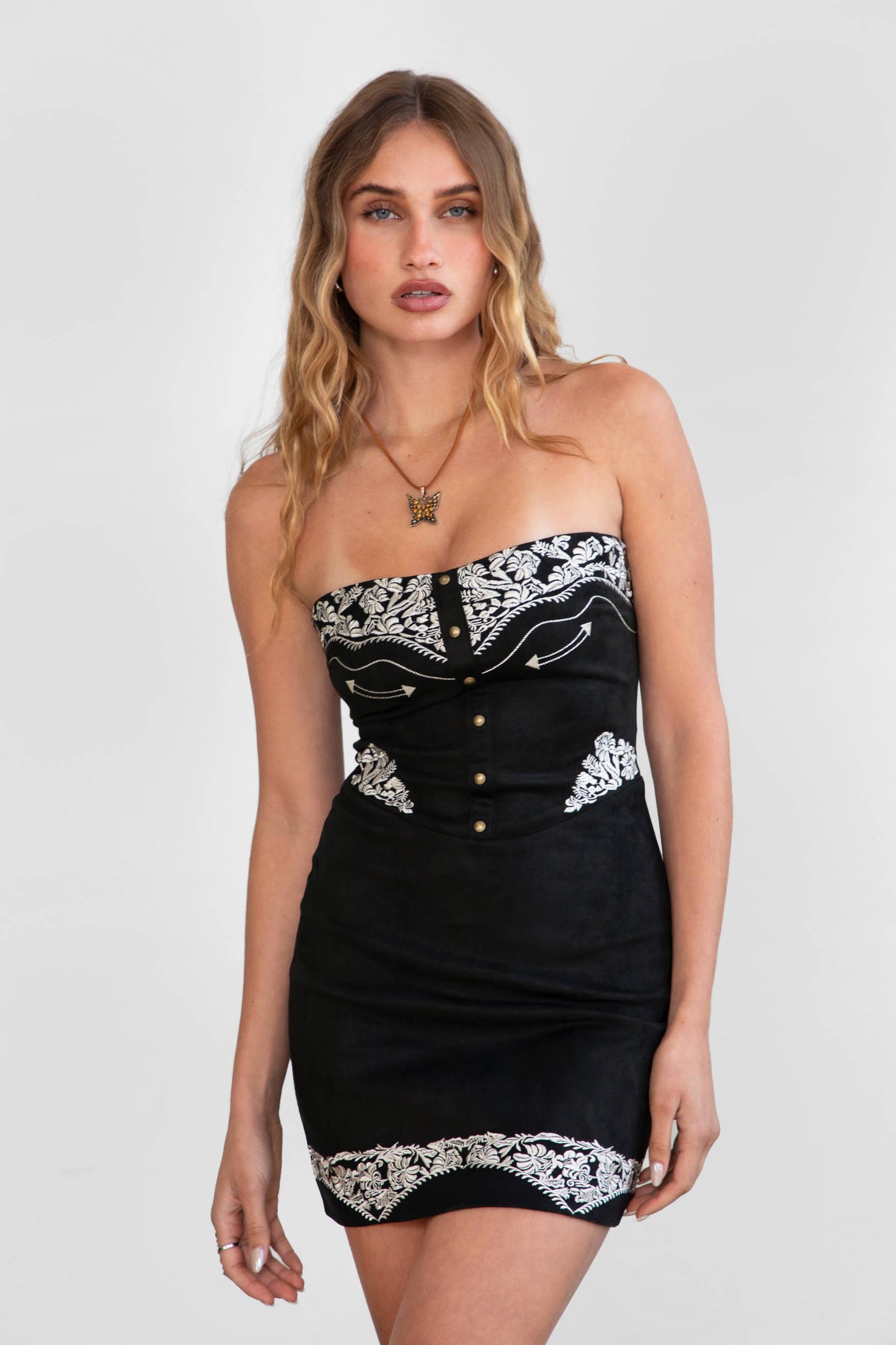 LAREDO Embroidered Suede Mini Dress: Black / 3 SMALL 2 MEDIUM 1 LARGE