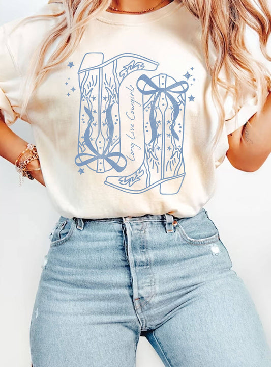 LONG LIVE COWGIRLS WESTERN RIBBON BOW BOOTS GRAPHIC TSHIRTS: NATURAL