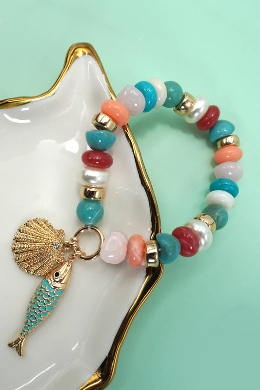 MULTI PEARL STONE MIX BEADED GOLD FISH BRACELETS | 80B1507: GOLD