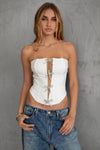KARMEN Strapless Semi Sheer Bow Embellised Bustier Top: White