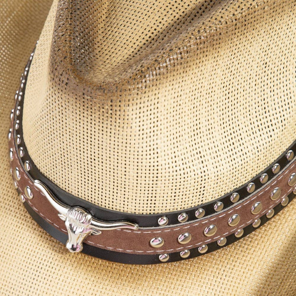 Western Long Horn Studded Strap Straw Cowboy Hat: KA
