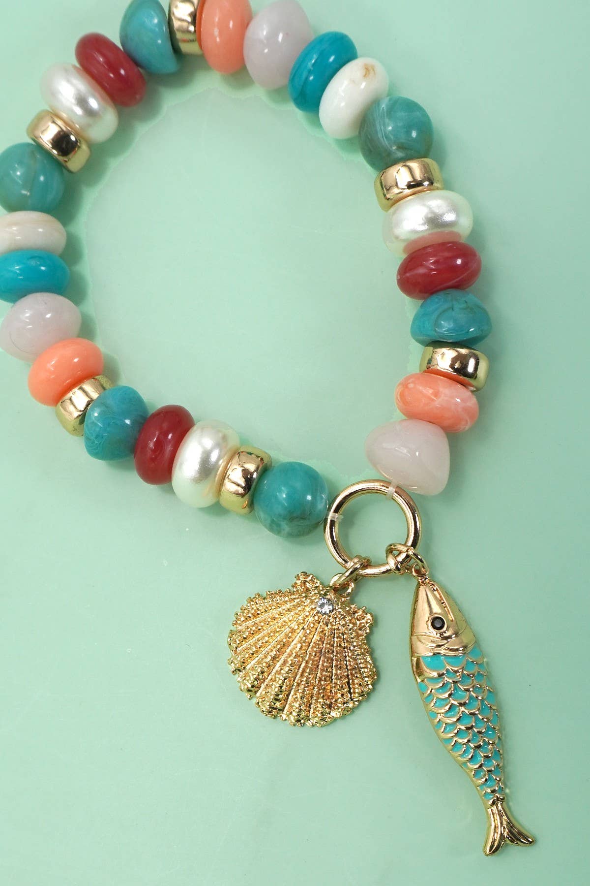 MULTI PEARL STONE MIX BEADED GOLD FISH BRACELETS | 80B1507: GOLD