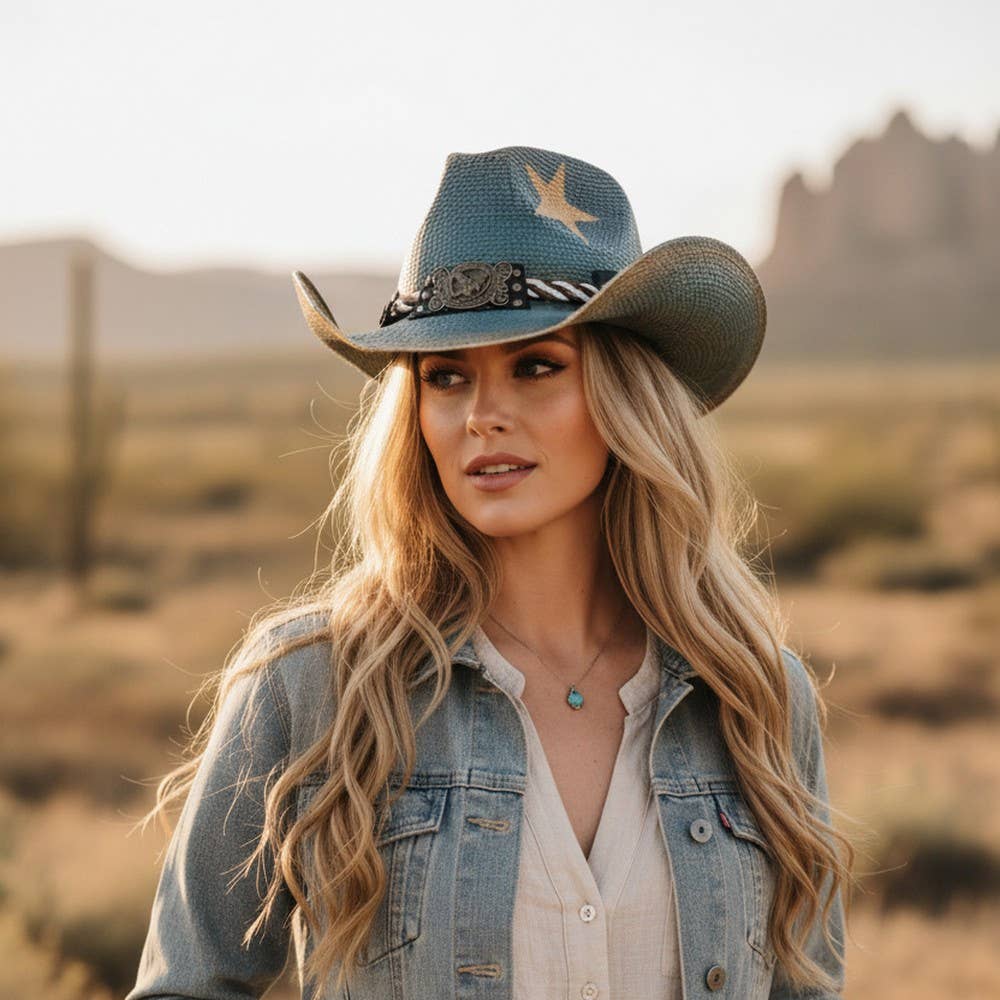 Yellow Star Print Western Eagle Medallion Cowboy Hat: BLUE