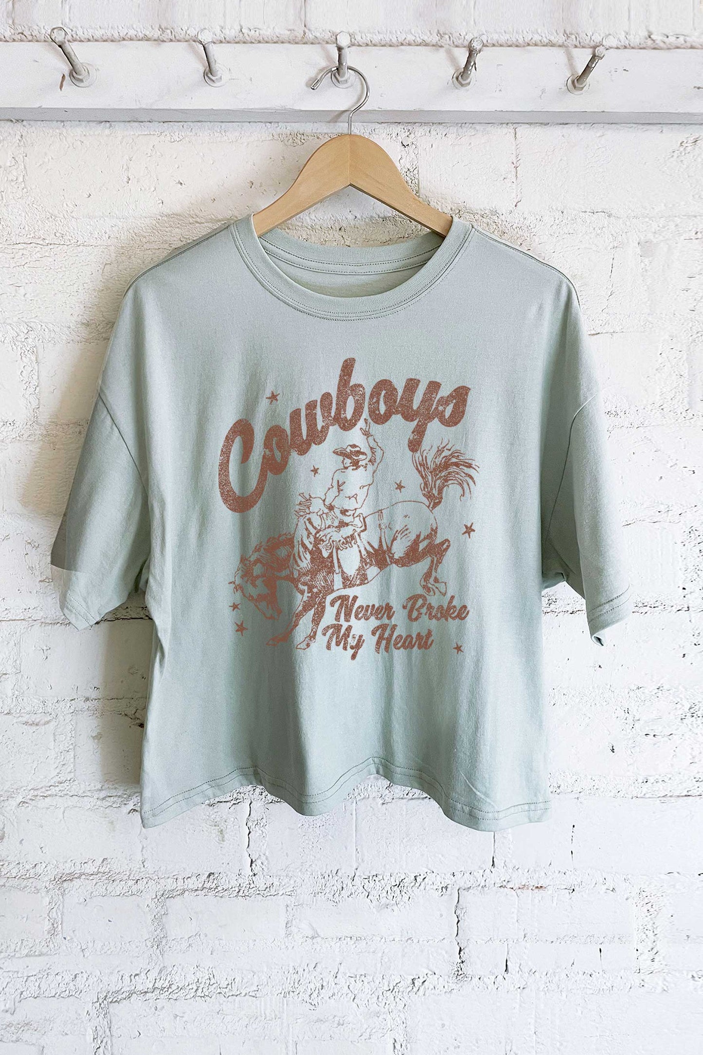 COWBOYS NEVER BRAKE MY HEART GRAPHIC LONG CROP TOP: Dusty mint