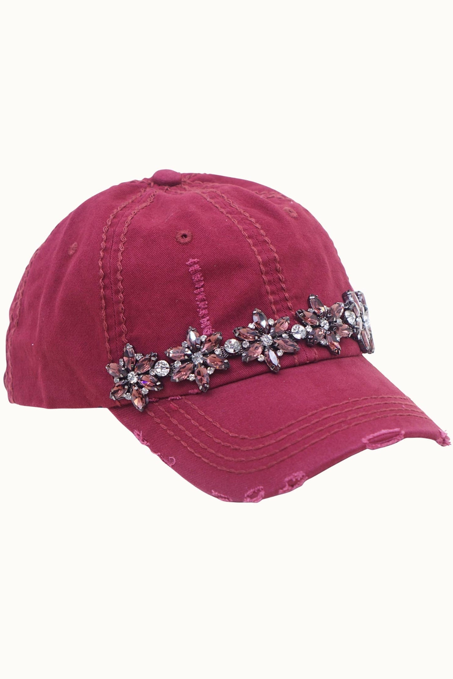 Bejeweled Bling Glitz Distressed Cap, Adjustable: Burnt Orange