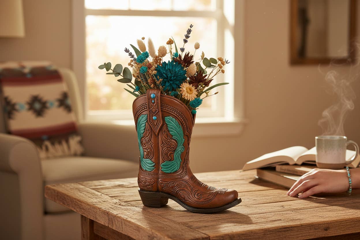 Tooled Western Boot Decorative Holder with Turquoise Accents