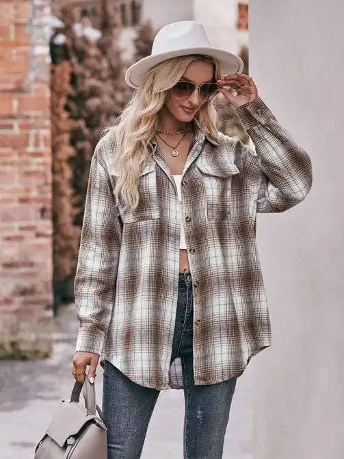 Caramel Plaid Oversized Flannel Button Down Shirt
