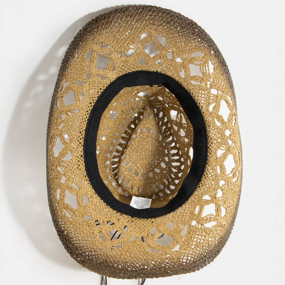 Straw Braided Concho Beaded Strap Cowboy Hat: BR