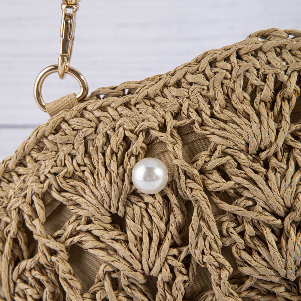 Pearl Beaded Straw Crochet Shell Bag