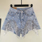 Rhinestone Fringe Denim Shorts High Waist Festival: Blue
