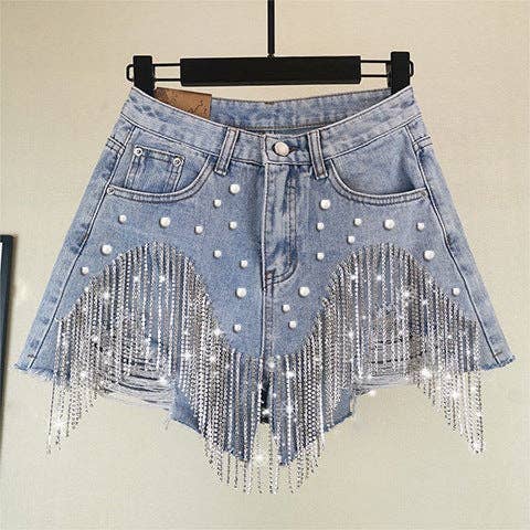 Rhinestone Fringe Denim Shorts High Waist Festival: Blue