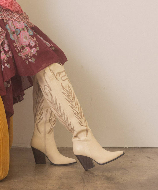 The Bronco Off White | Knee High Cowboy Western Boot: Off White
