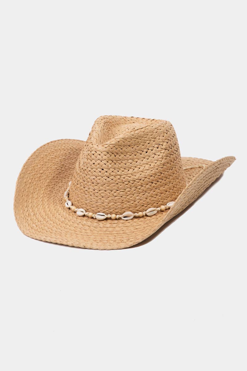 Cowrie Shell Straw Braided Cowboy Hat: KA