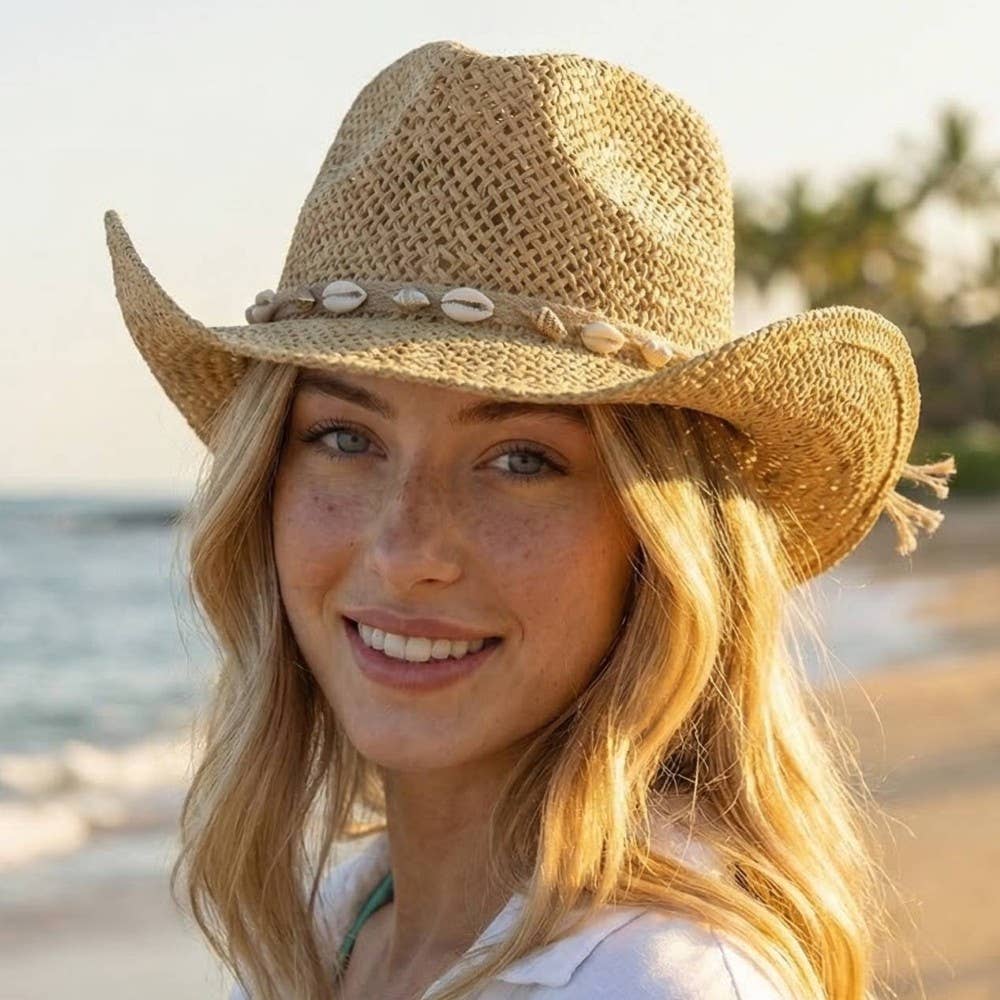 StrawCowrie Shell Rope Strap Cowboy Hat