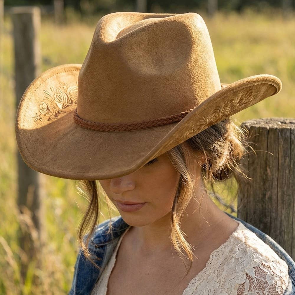 Rose Embroidered Braided Band Fedora Cowboy Hat: BR
