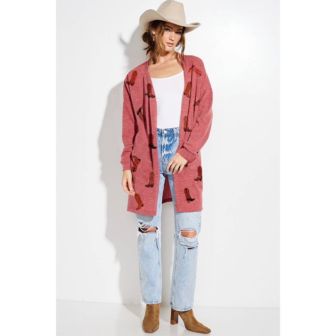 Cowgirl boots print Knit casual style Cardigan