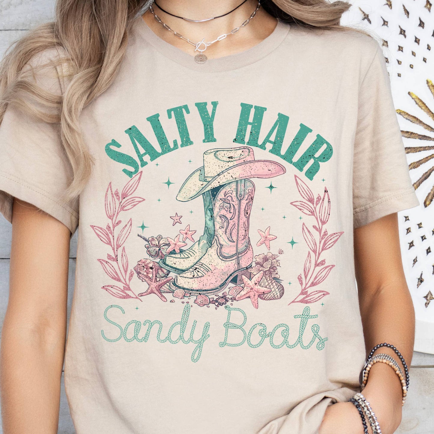 Salty Sandy Boots Ocean Summer Cowgirl Summer Graphic Tee