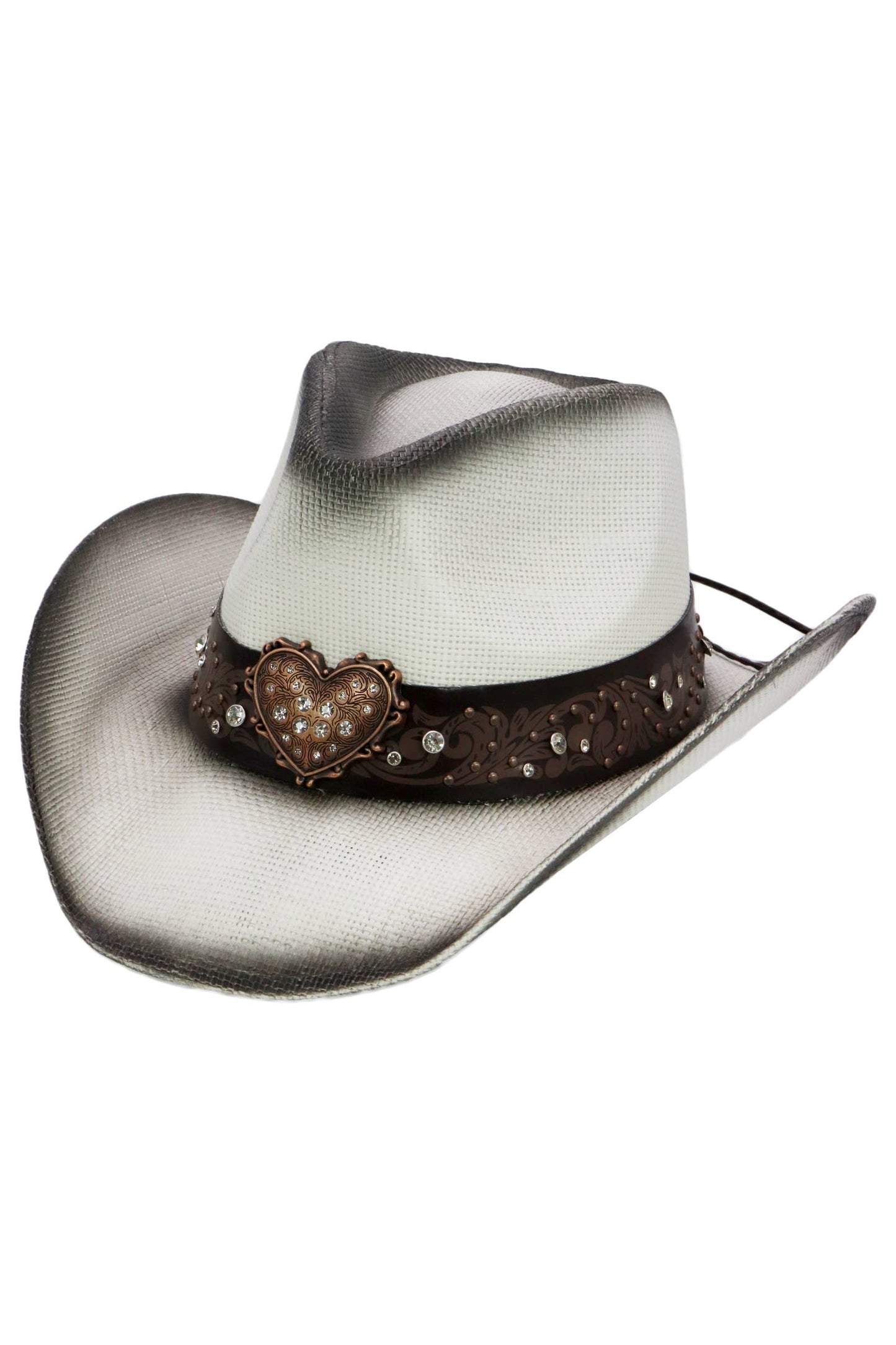 Heart Bling Rhinestone Belt Ombre Straw Cowboy Hat: Beige