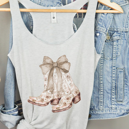 Coastal Cowgirl Coquette Floral Boots NL Racerback Tank Top: Heather / Beach & Coastal