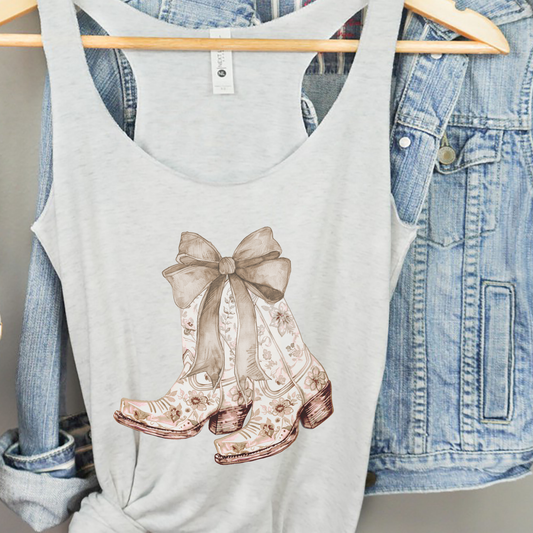 Coastal Cowgirl Coquette Floral Boots NL Racerback Tank Top: Heather / Beach & Coastal