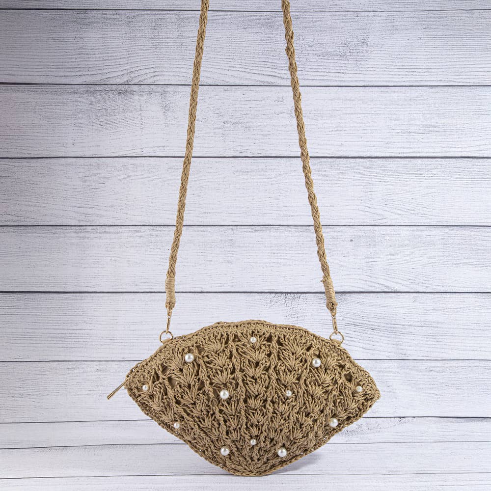 Pearl Beaded Straw Crochet Shell Bag