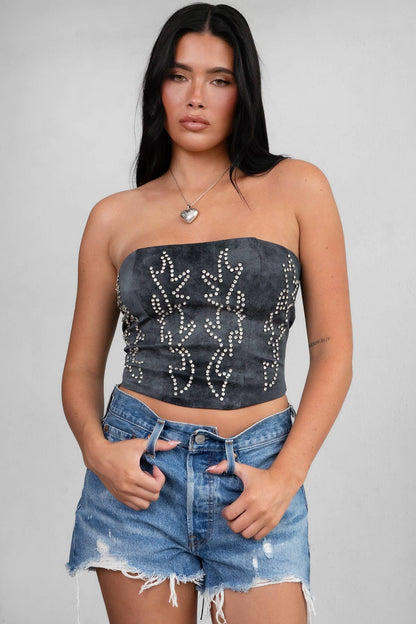 BECKEE CP Vegan Leather Western Rhinestone Corset Top