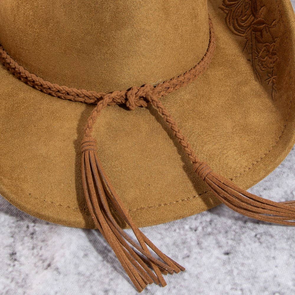 Rose Embroidered Braided Band Fedora Cowboy Hat: BR