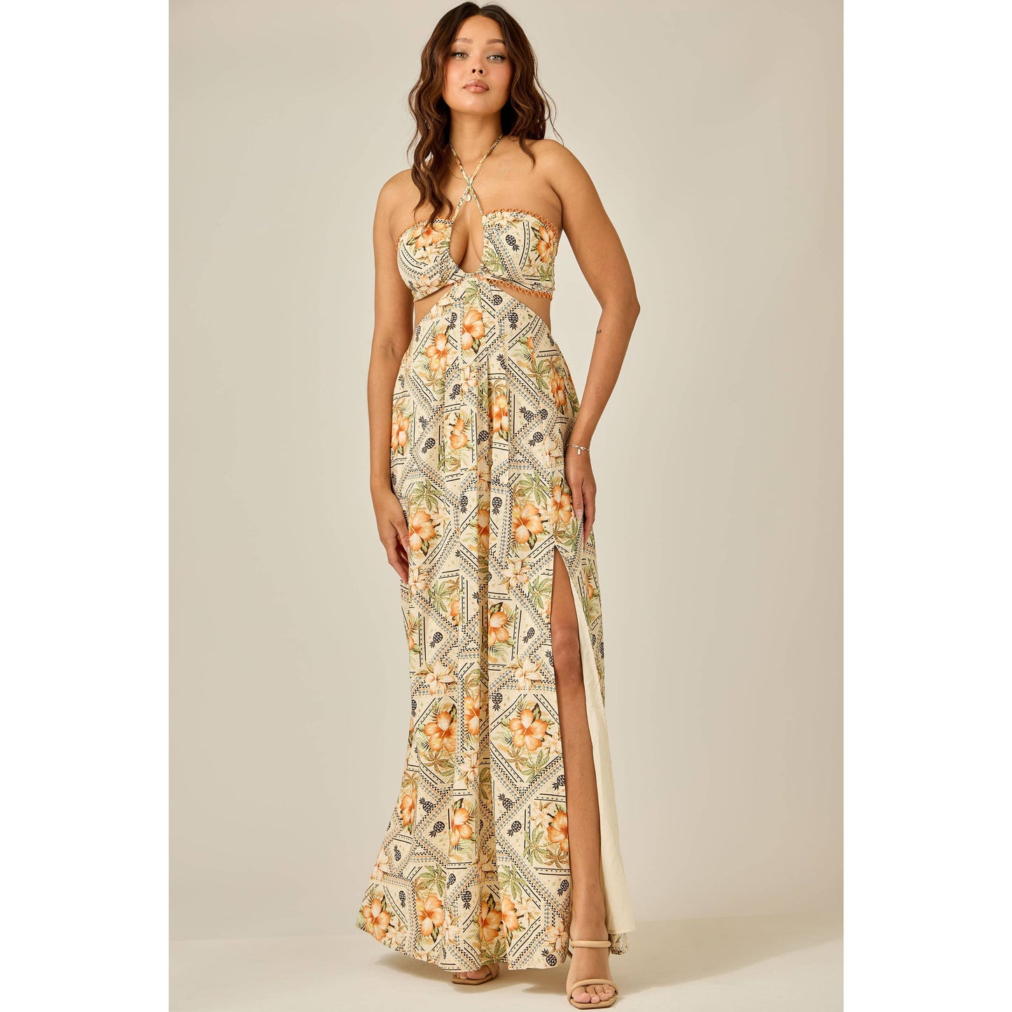 Tropical Cutout Maxi Dress: OFF WHITE COMBO / S