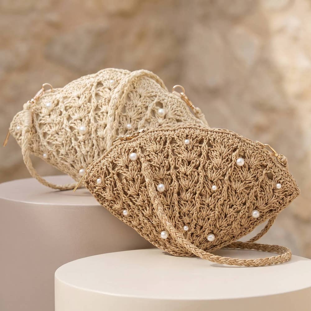 Pearl Beaded Straw Crochet Shell Bag