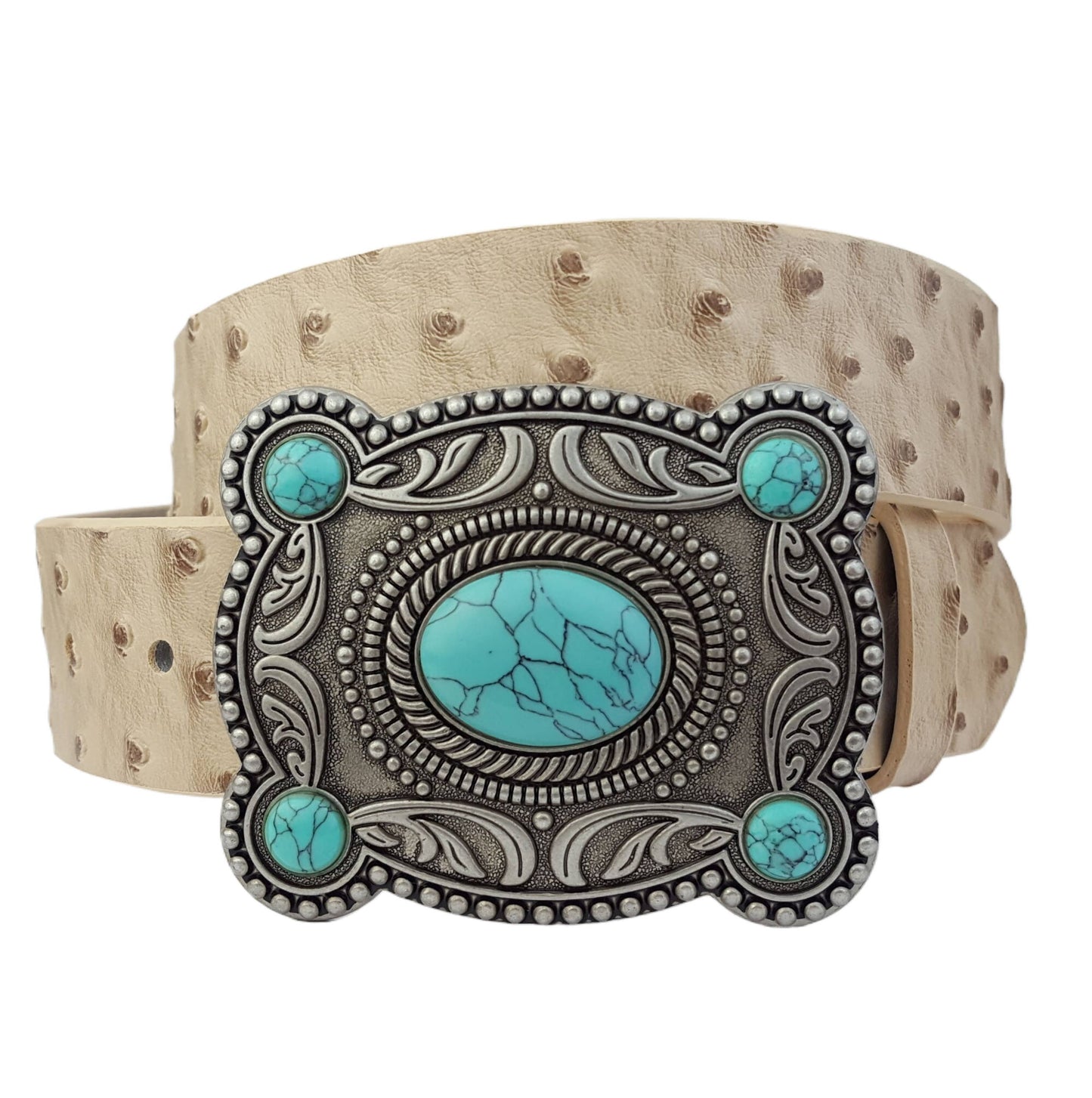Western Silver Turquoise Buckle w. Ostrich Belt: Black / M/L