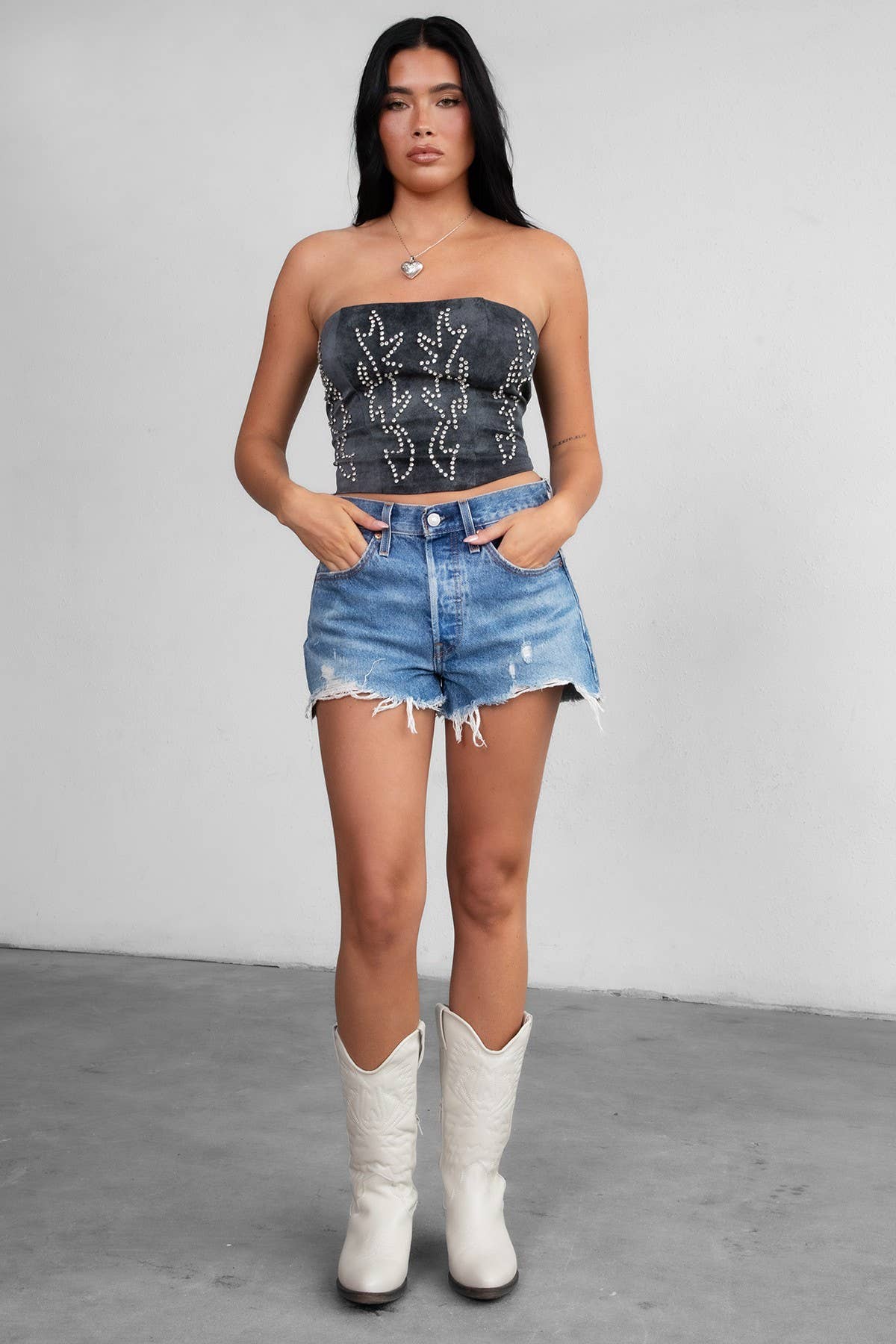 BECKEE CP Vegan Leather Western Rhinestone Corset Top