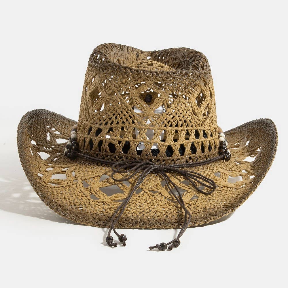 Straw Braided Concho Beaded Strap Cowboy Hat: BR