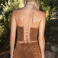 MAPLE Faux Suede Embroidered Western Strapless Corset Top: Tan